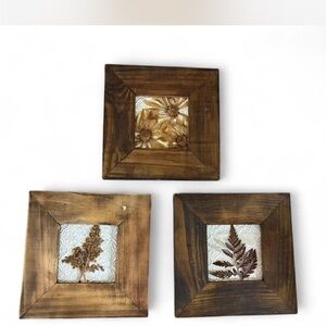 Vintage Natural Wood Frame Trio with Dried Pressed Flowers